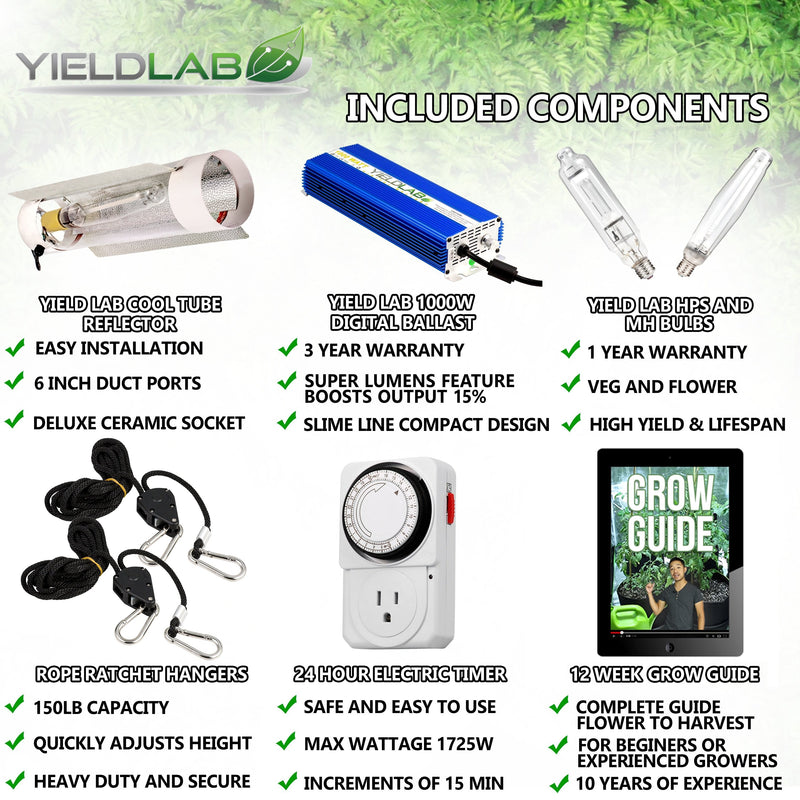 Yield Lab 1000W HPS+MH Cool Tube Reflector Grow Light Kit included components