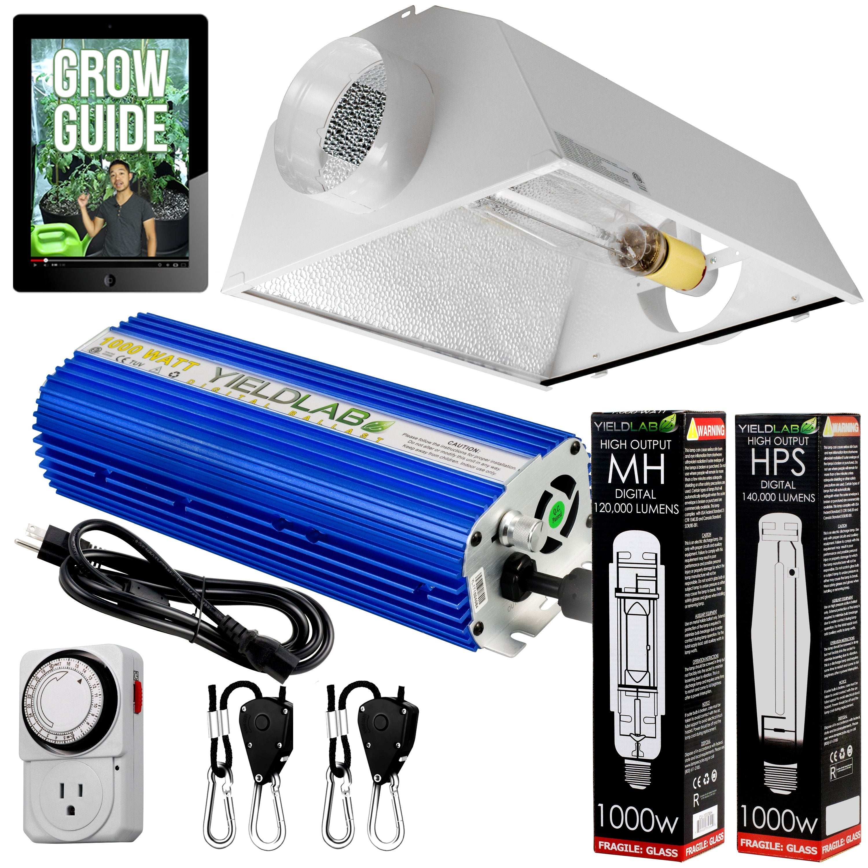 1000 watt hps grow light bulb Yield Lab 1000W HPS+MH Cool Hood Reflector Grow Light Kit