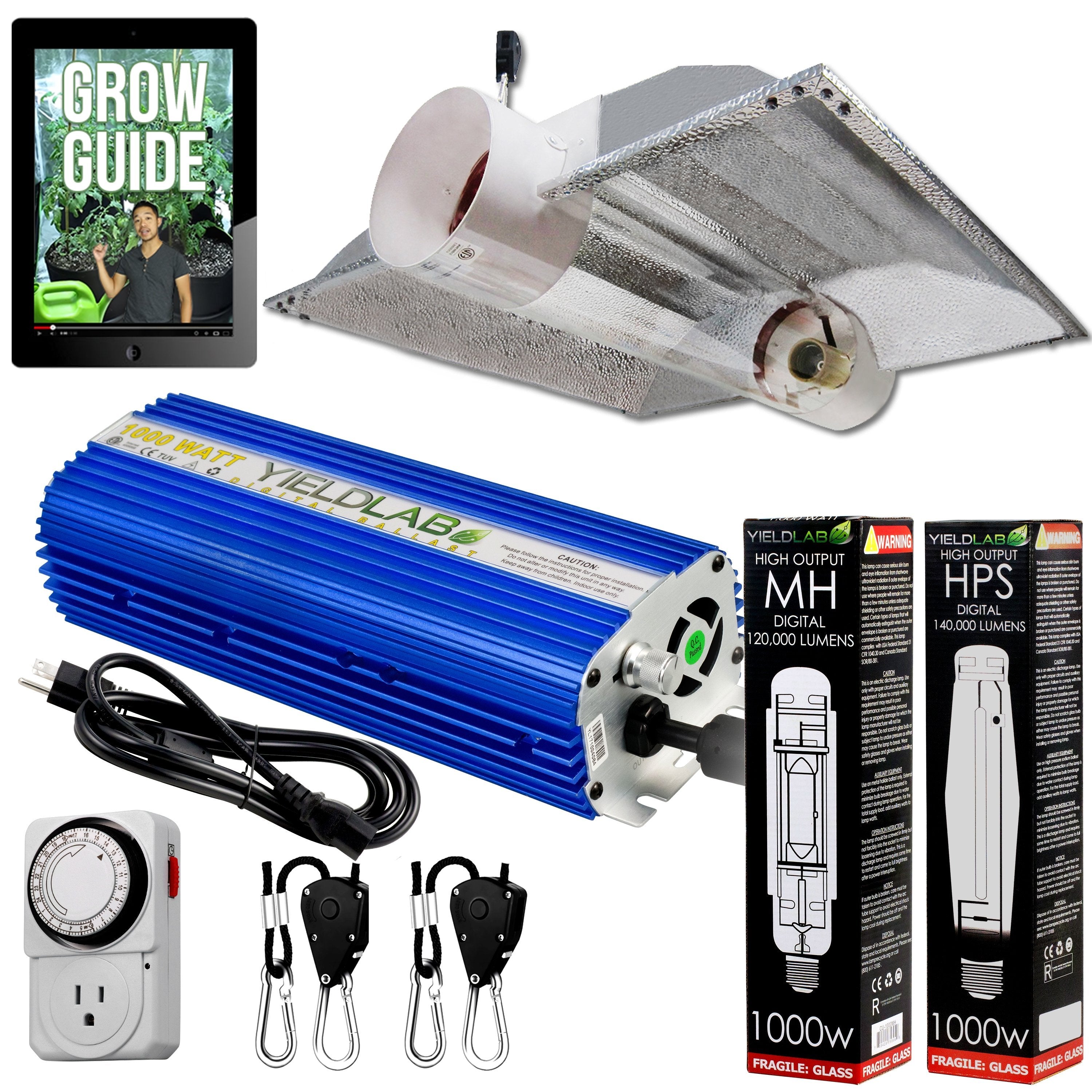 Yield Lab 1000w HPS+MH Cool Tube Hood Reflector Grow Light Kit