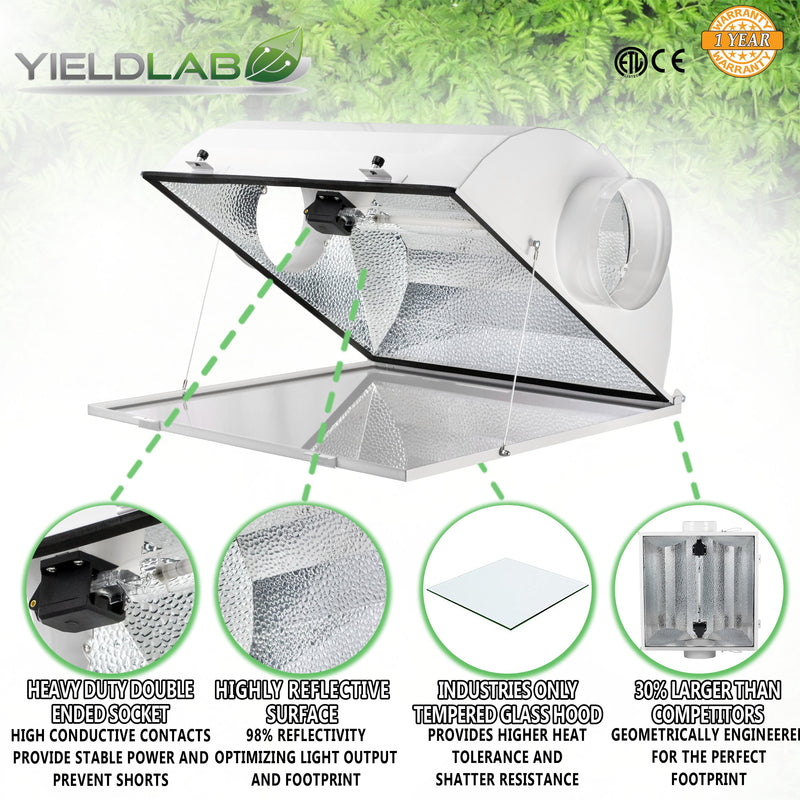 Yield Lab Pro Series 600W HPS+MH Air Cool Hood Double Ended Complete Grow Light Kit reflector features