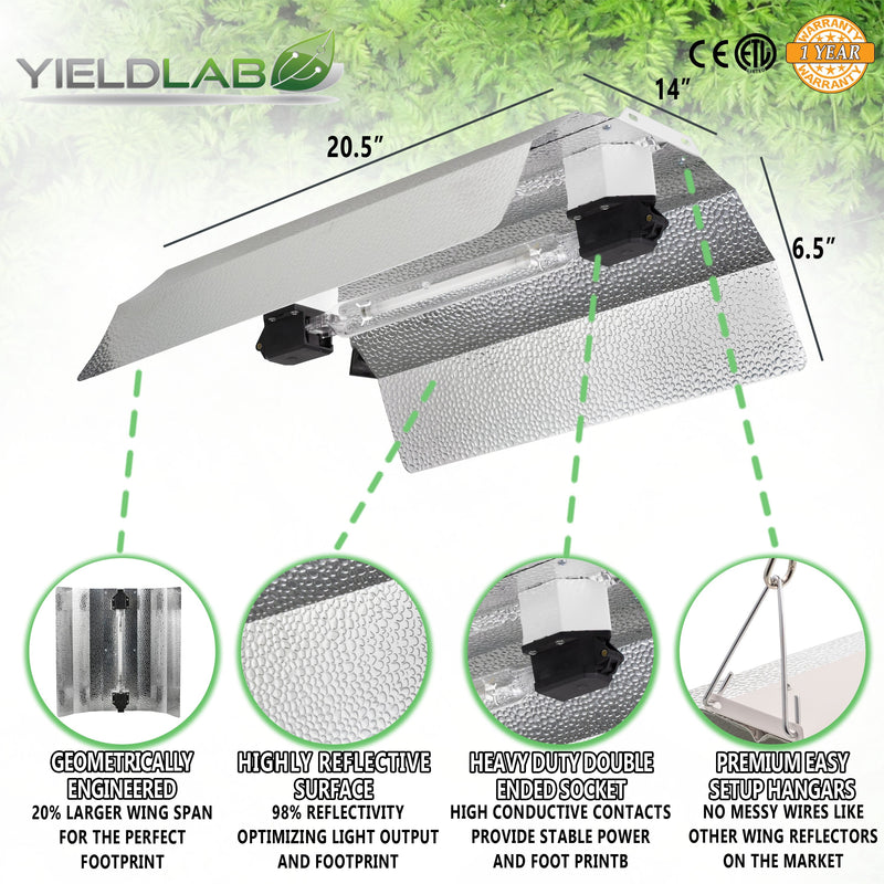 Yield Lab Pro Series 600W HPS+MH Double Ended Wing Reflector Complete Grow Light Kit reflector features