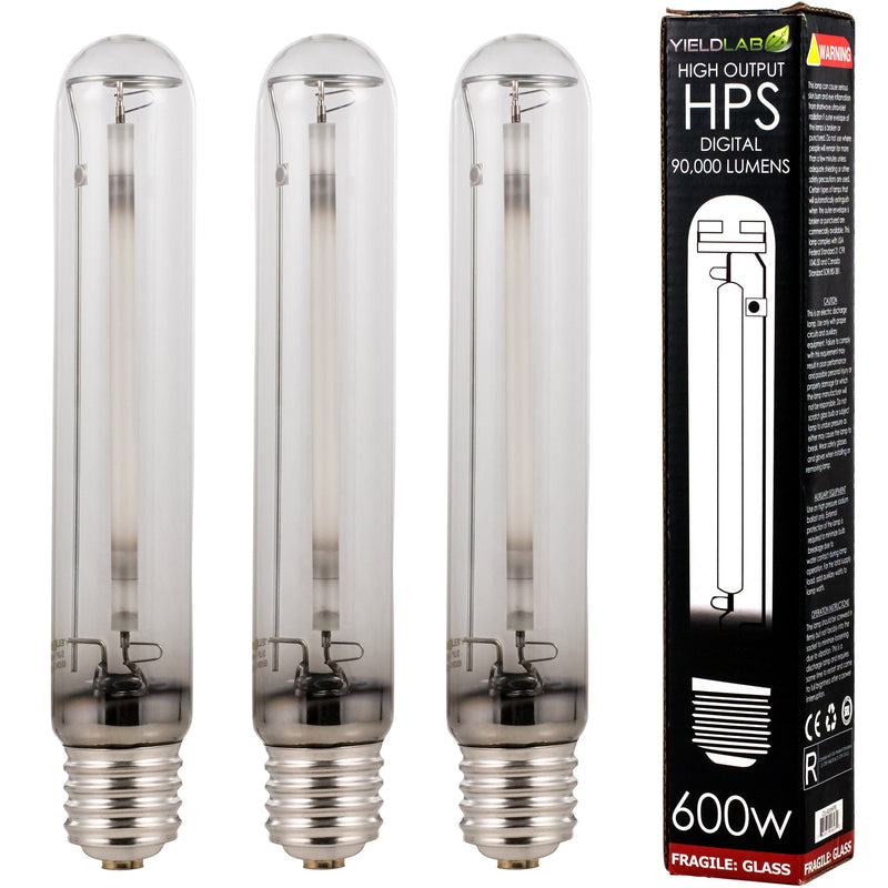 Grow Lights Yield Lab HPS 600w Lamp HID Bulb (3 Pack) next to box