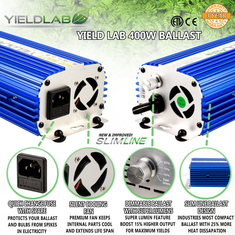Yield Lab 400w HPS Air Cool Hood Grow Light Kit ballast features