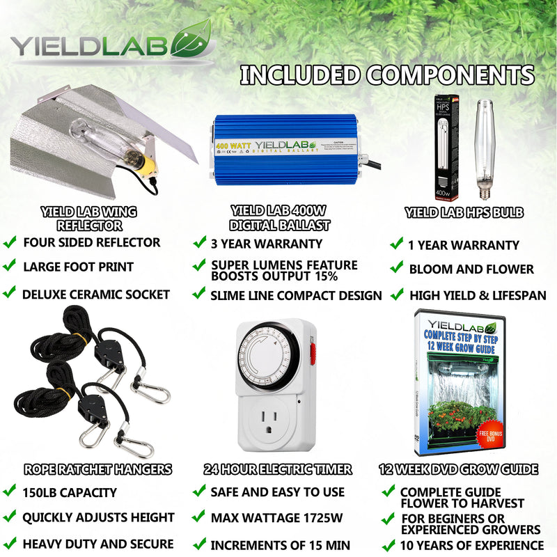 Yield Lab 400w HPS Wing Reflector Digital Grow Light Kit included components