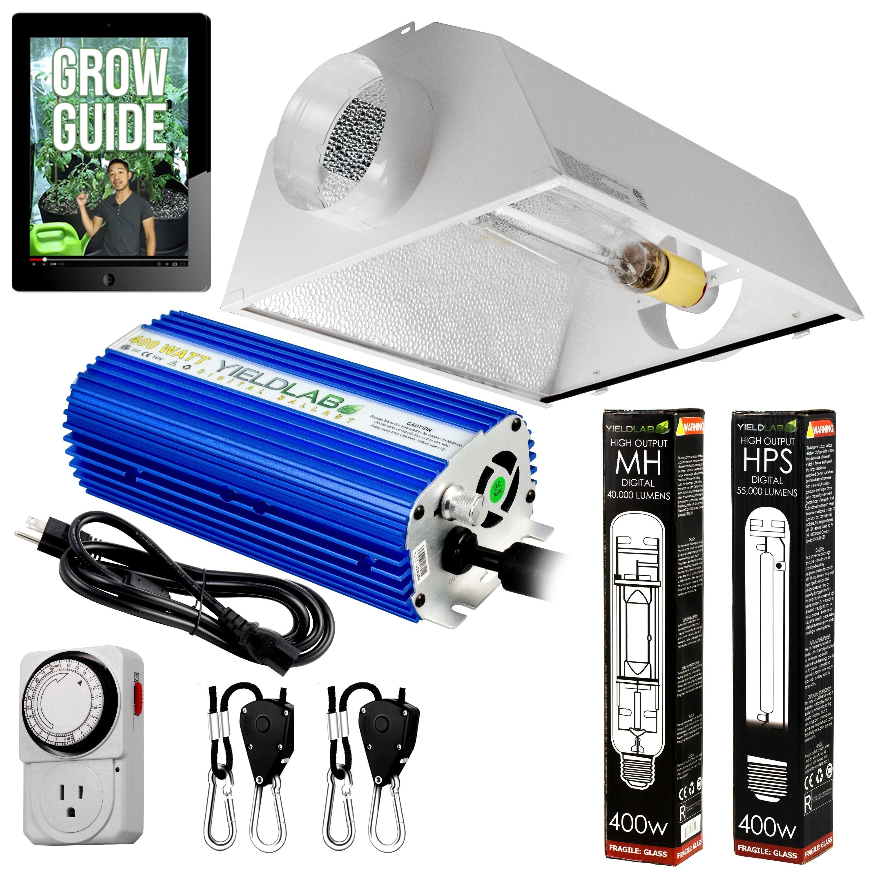 400 watt grow light bulb Yield Lab 400W HPS+MH Air Cool Hood Reflector Grow Light Kit