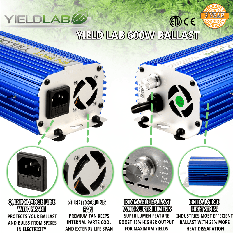 Yield Lab Pro Series 600W HPS+MH Air Cool Hood Double Ended Complete Grow Light Kit ballast features