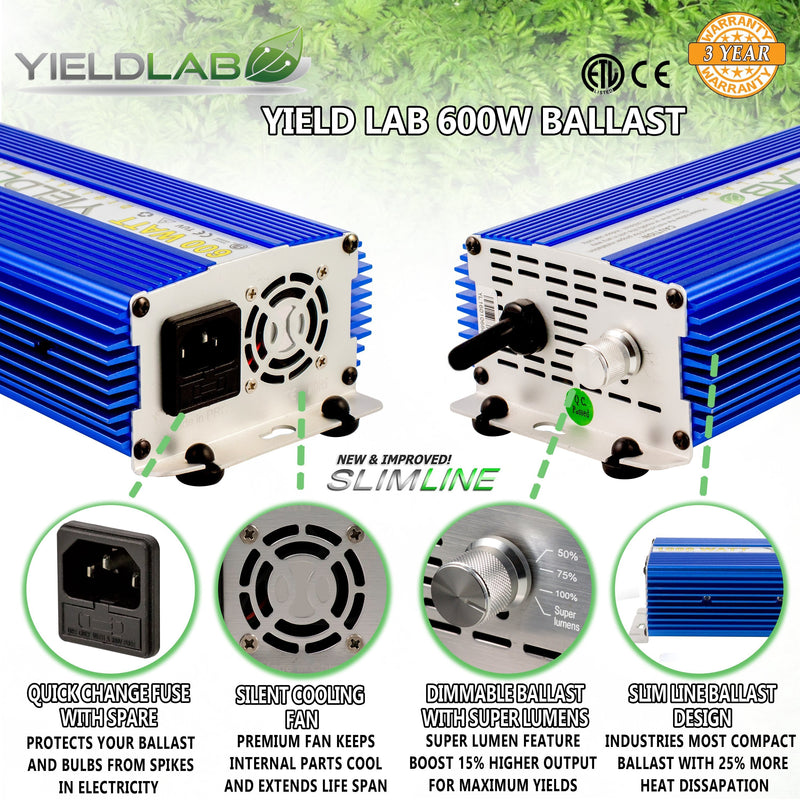 Yield Lab Pro Series 600W HPS+MH Air Cool Hood Double Ended Complete Grow Light Kit ballast features