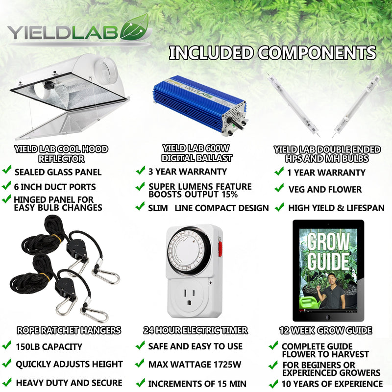 Yield Lab Pro Series 600W HPS+MH Air Cool Hood Double Ended Complete Grow Light Kit included components