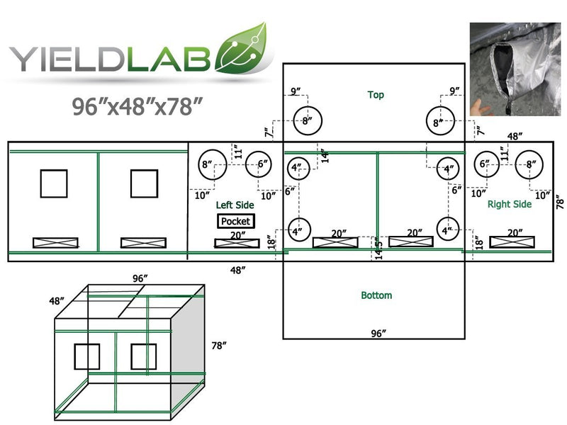 Yield Lab 96” x 48” x 78” Reflective Grow Tent FABRIC ONLY diagram