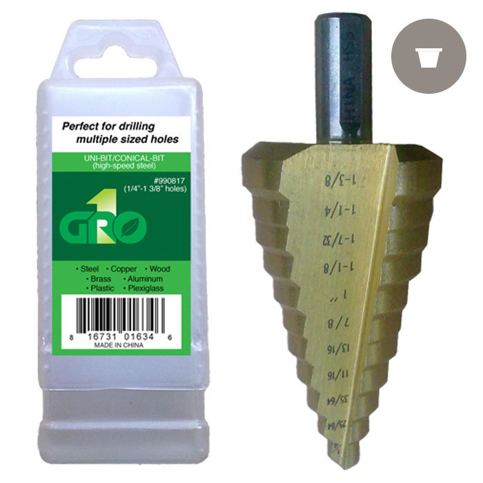 Hydroponics Unibit Step drill 1/4-1 3/8" front with package