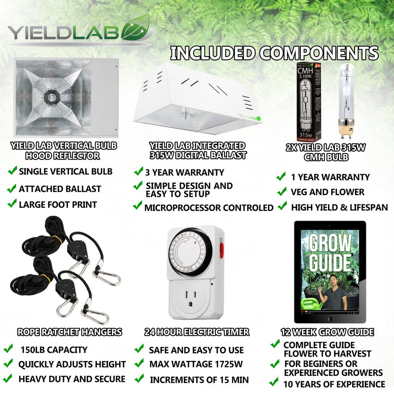 Yield Lab Professional Series 120/220v 315w All-In-One Hood CMH Complete Grow Light Kit included components