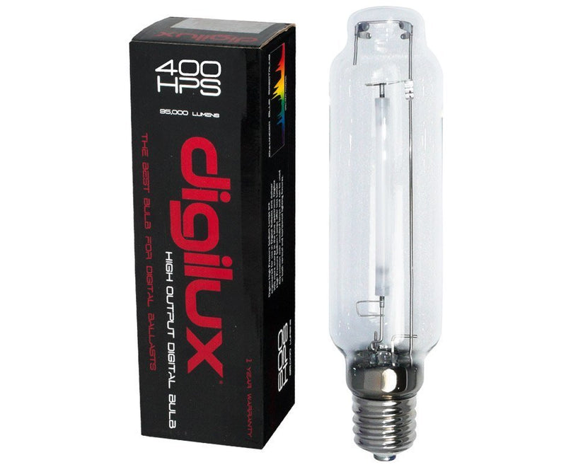 Grow Lights Digilux Digital High Pressure Sodium (HPS) Lamp, 400W, 2000K next to box