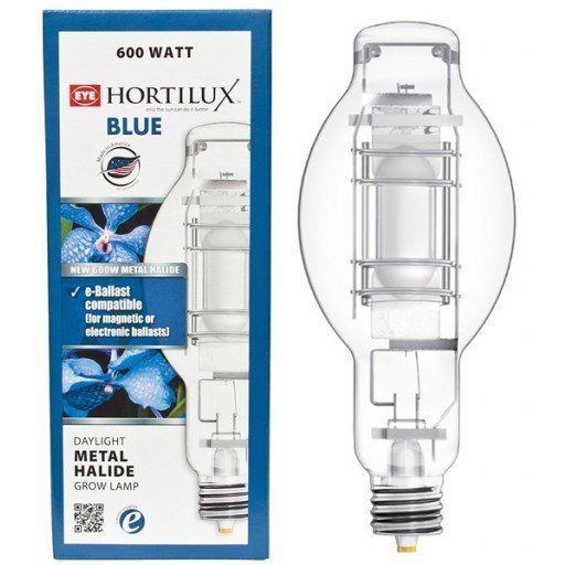 Grow Lights Hortilux Blue Metal Halide (MH) Lamp, 600W next to box