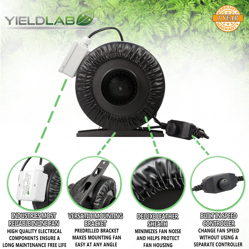 Yield Lab 4 Inch 190 CFM Charcoal Filter and Duct Fan Combo Kit features close up