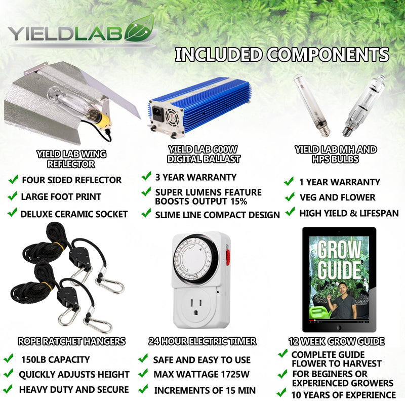 Yield Lab 600W HPS+MH Wing Reflector Digital Grow Light Kit included components
