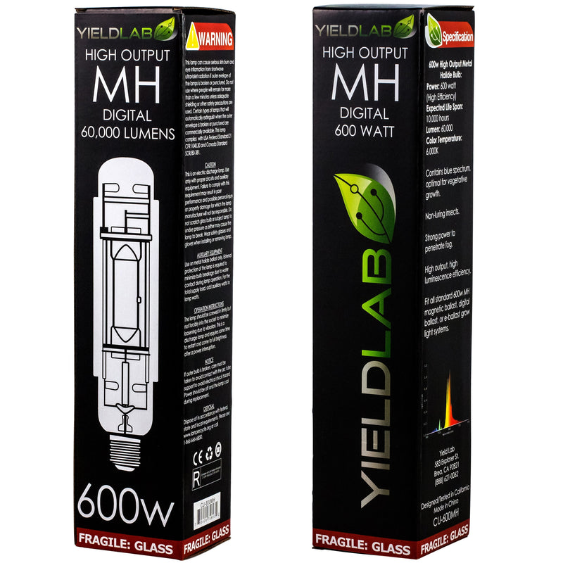 Grow Lights Yield Lab MH 600w Lamp HID Bulb (3 Pack) front and back of box