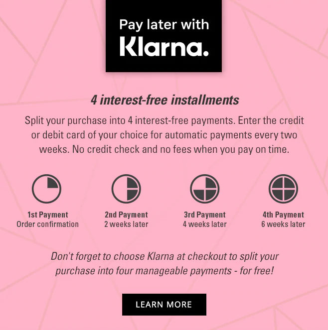 Klarna Banner- 4 interested-free installment payment options. 