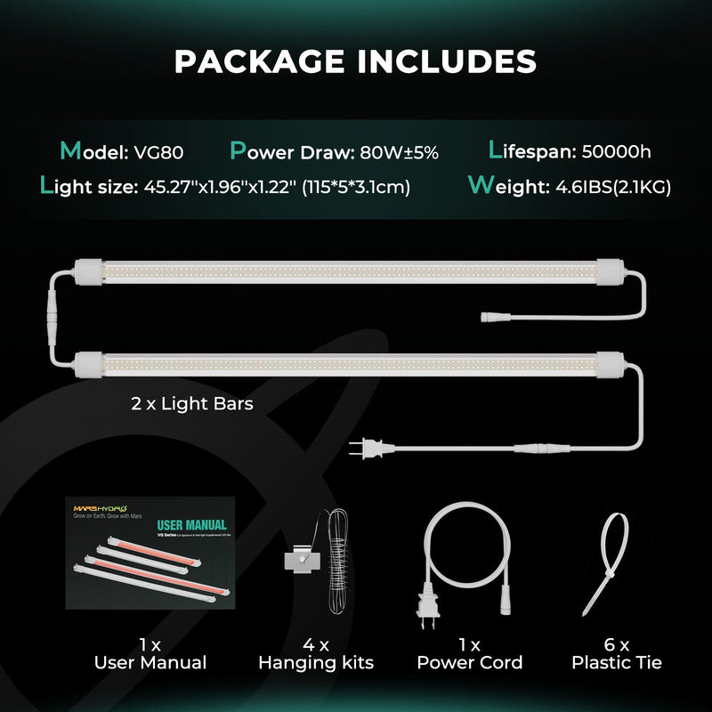 LED Mars Hydro VG80 T5 Specifications and Packaging