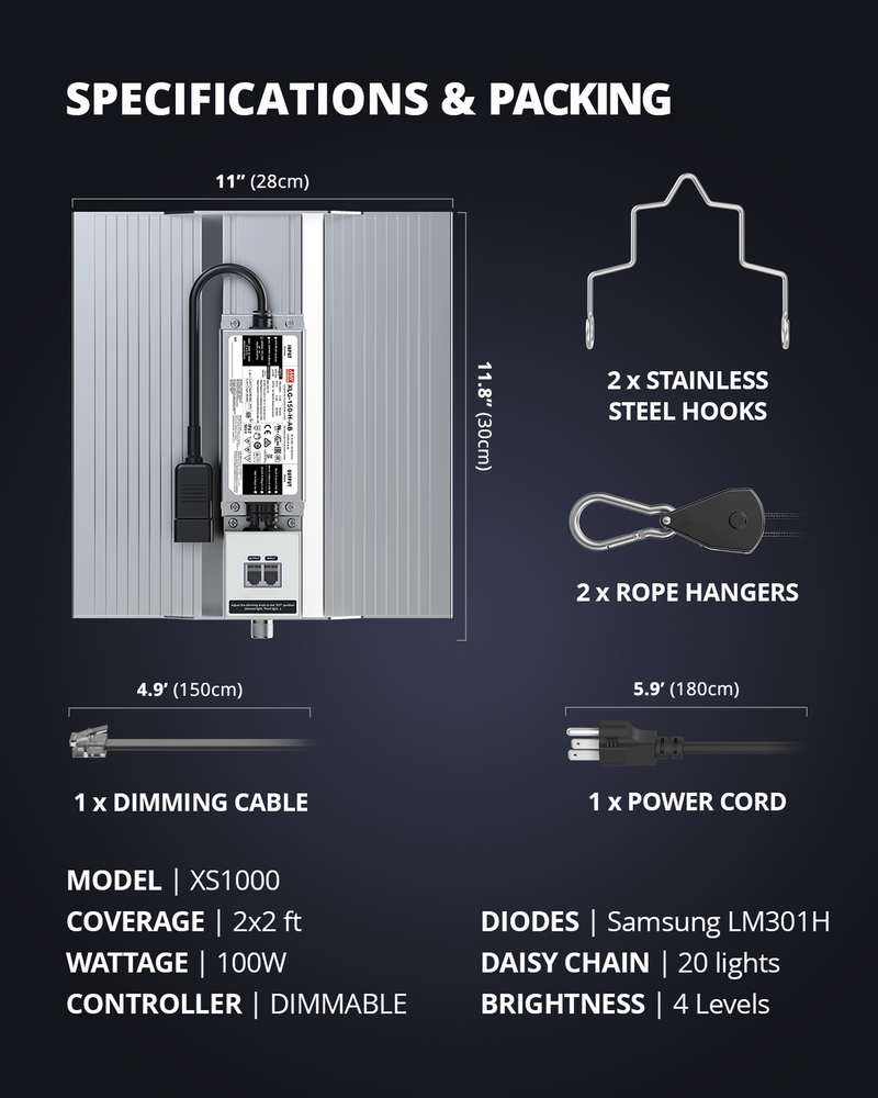 LED Viparspectra XS1000 100W Specifications and Packaging