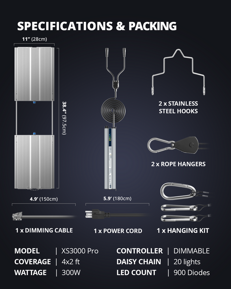 LED Viparspectra XS3000 300W Specifications and Packaging