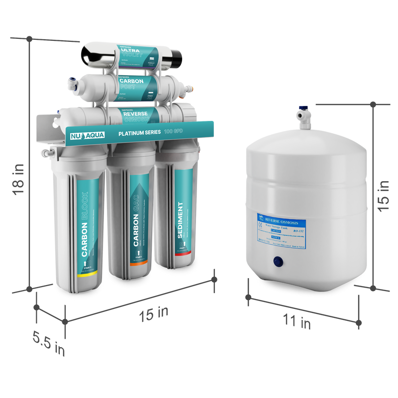 Reverse Osmosis System NU Aqua Platinum Series Stage 6 UV Dimensions