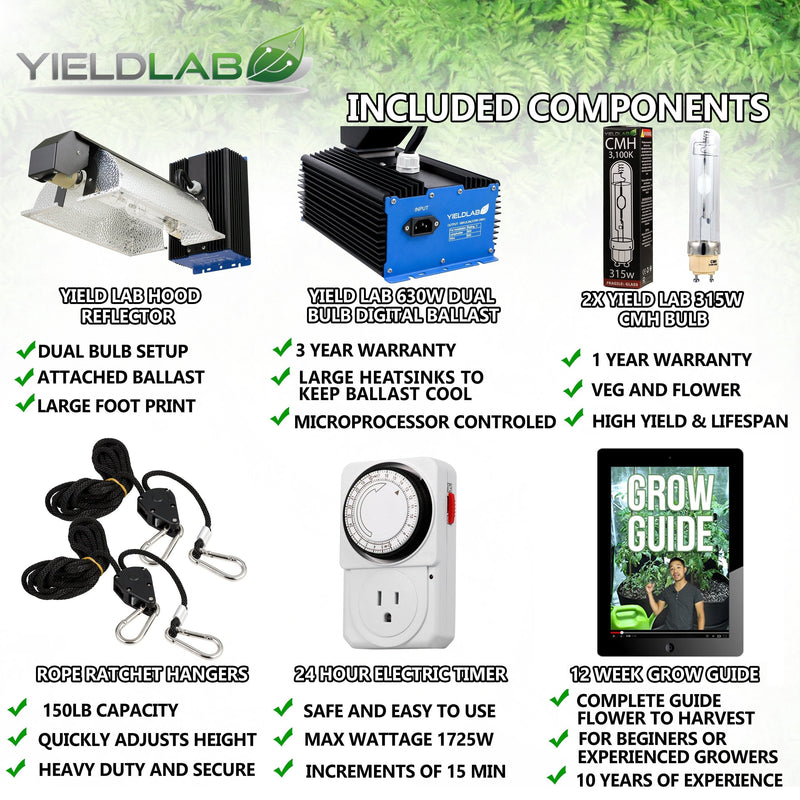 Yield Lab Professional Series 120/220v 630w Dual Bulb CMH Complete Grow Light Kit included components