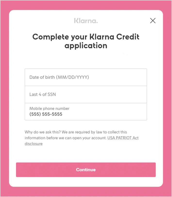 Complete your Klarna application screenshot