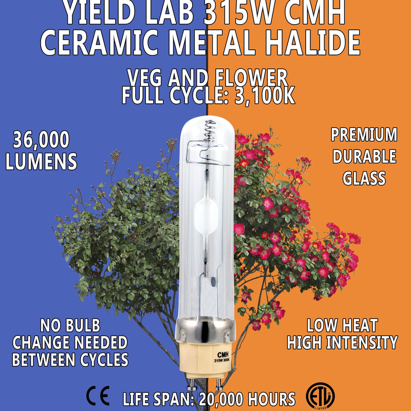 Yield Lab Professional Series 120/220v 630w Dual Bulb CMH Complete Grow Light Kit bulb features