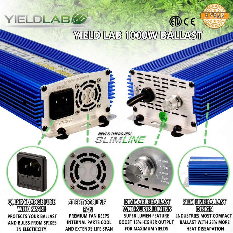 Yield Lab Pro Series 1000W HPS+MH XXL Hood Double Ended Complete Grow Light Kit ballast features