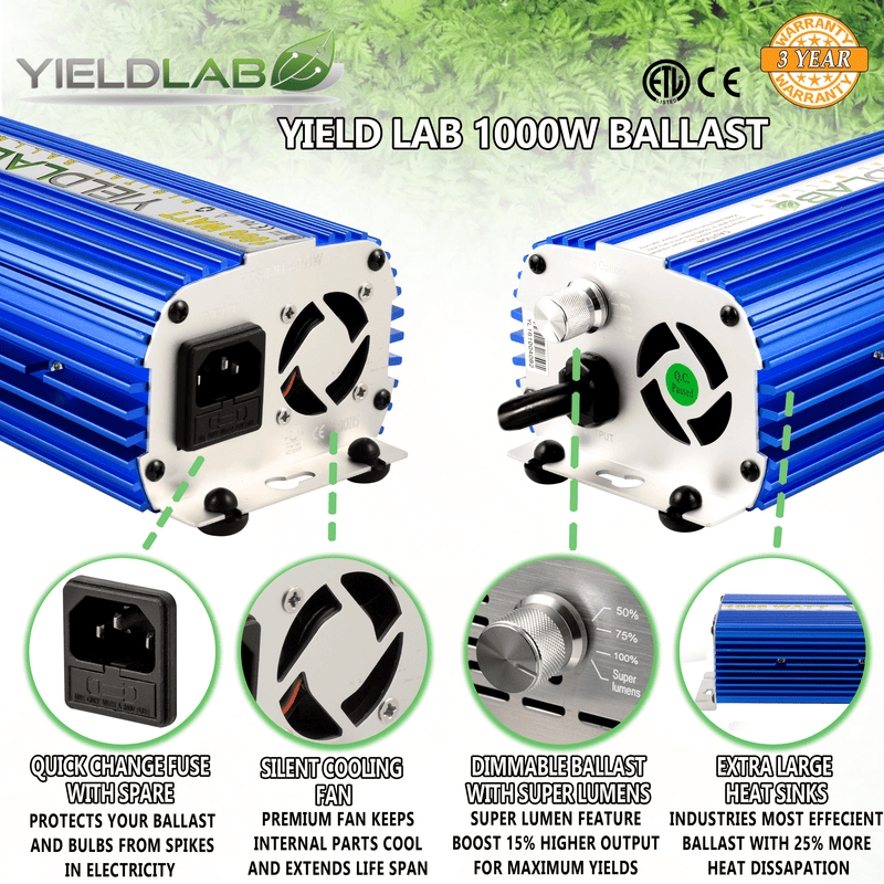 Yield Lab 1000w HPS Cool Hood Reflector Digital Grow Light Kit ballast features