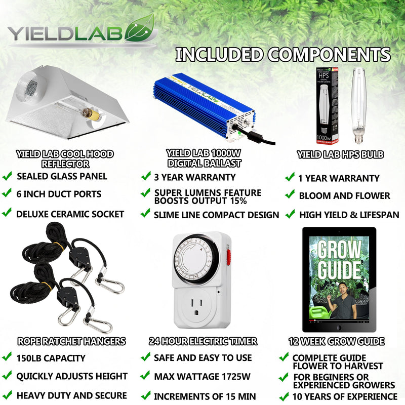 Yield Lab 1000w HPS Cool Hood Reflector Digital Grow Light Kit included components