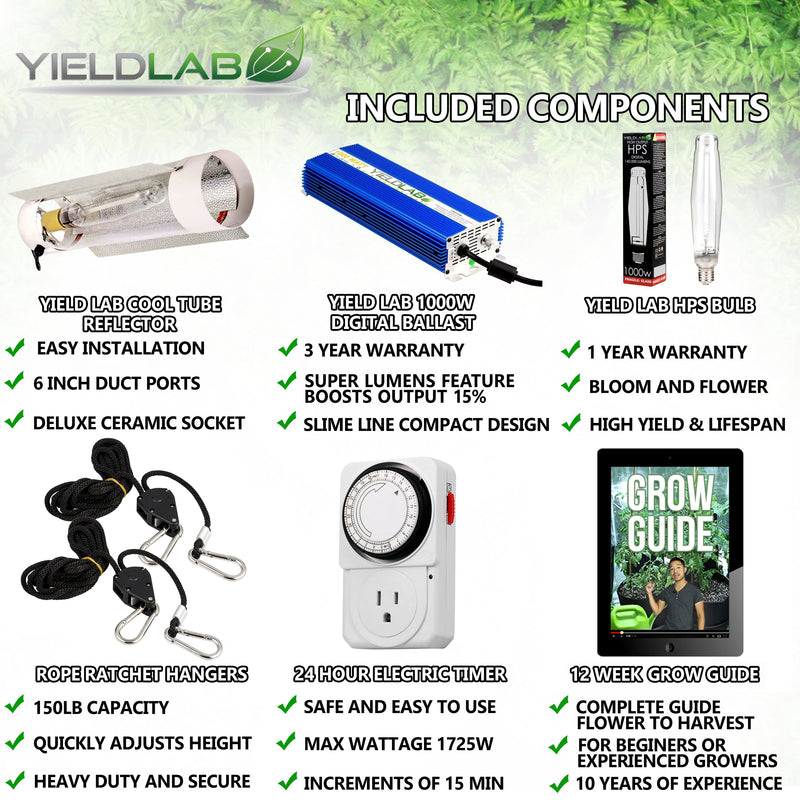 Yield Lab 1000w HPS Cool Tube Reflector Digital Grow Light Kit included components