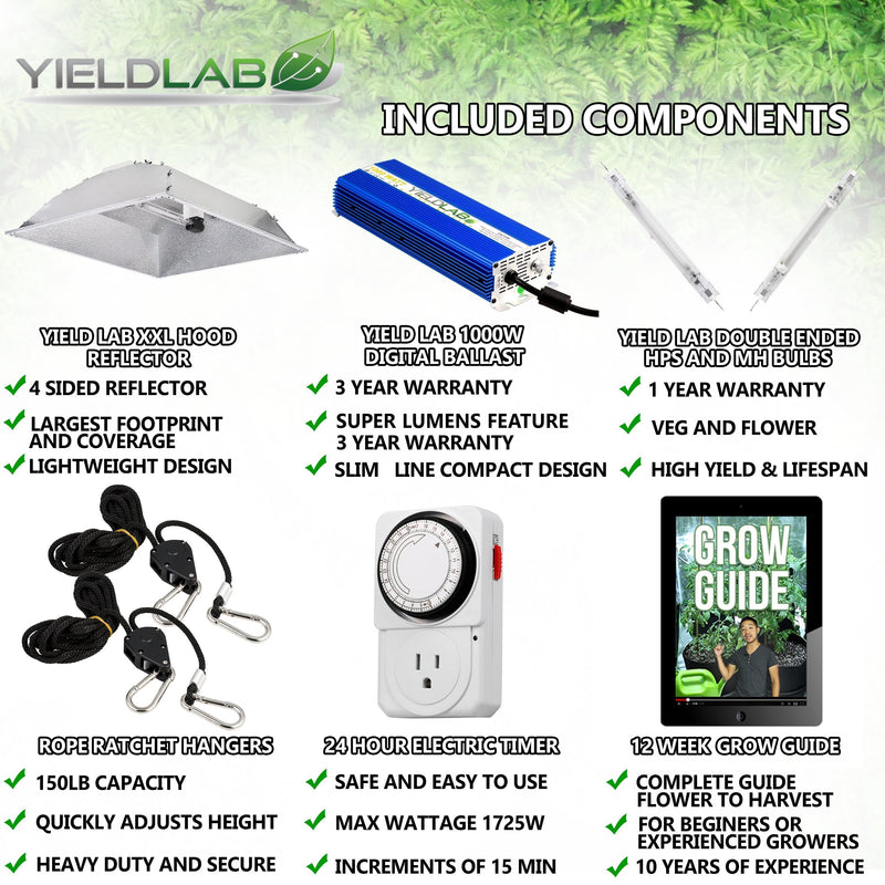 Yield Lab Pro Series 1000W HPS+MH XXL Hood Double Ended Complete Grow Light Kit included components