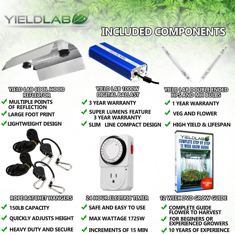 Yield Lab Pro Series 1000W HPS+MH Double Ended Wing Reflector Complete Grow Light Kit included components