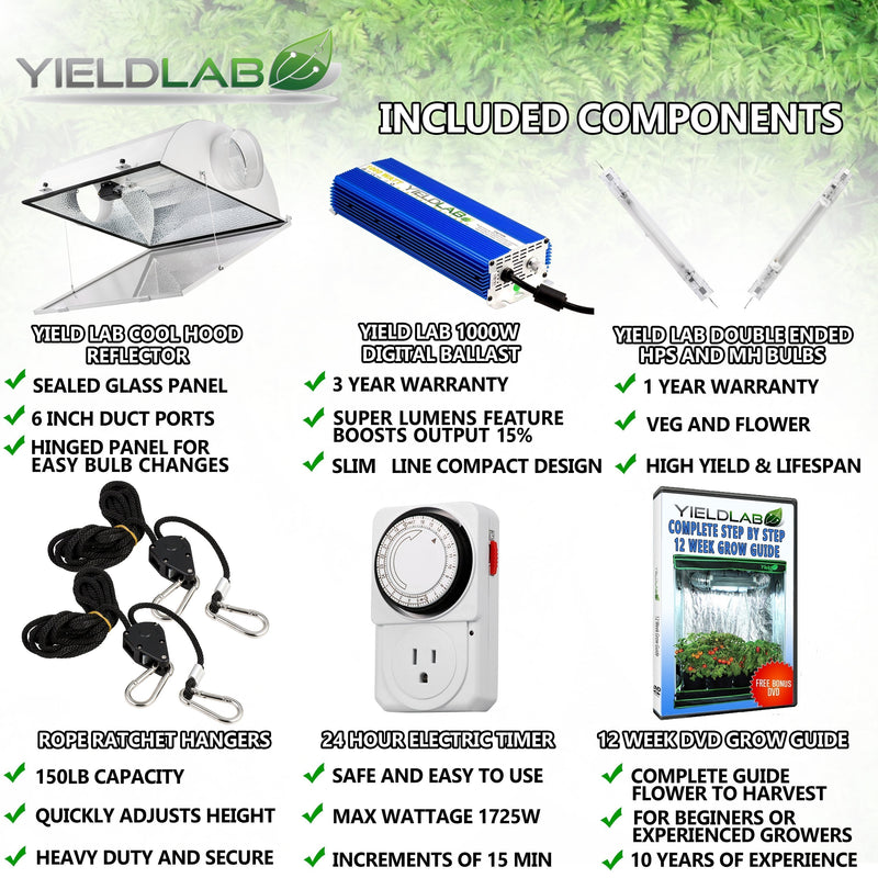 Yield Lab Pro Series 1000W HPS+MH Air Cool Hood Double Ended Complete Grow Light Kit included components