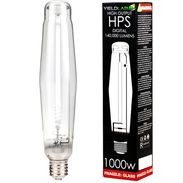 Grow Lights Yield Lab HPS 1000w Lamp HID Bulb next to box