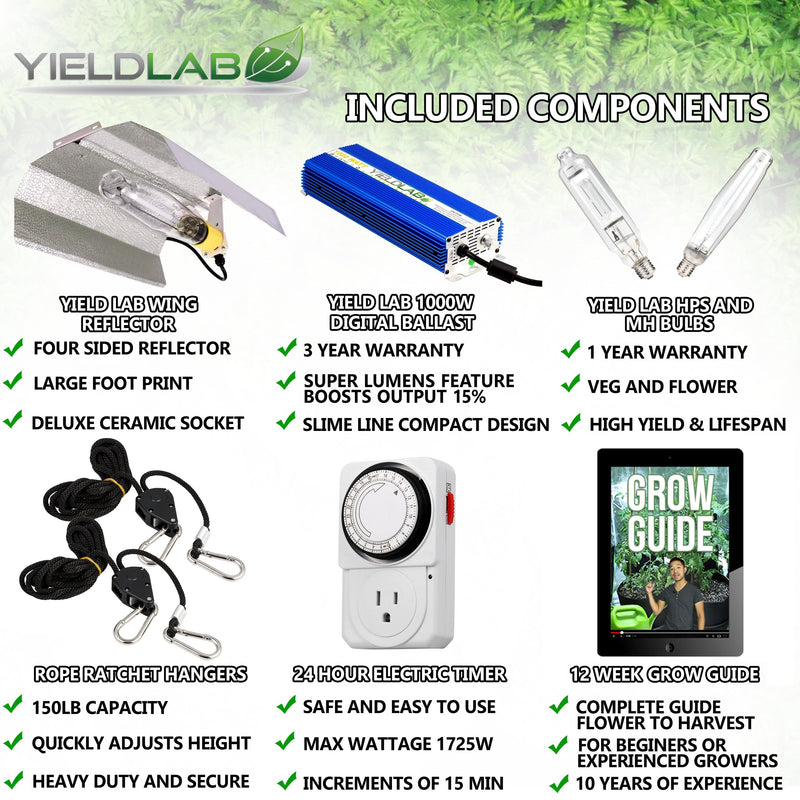 Yield Lab 1000W HPS+MH Wing Reflector Digital Grow Light Kit included components