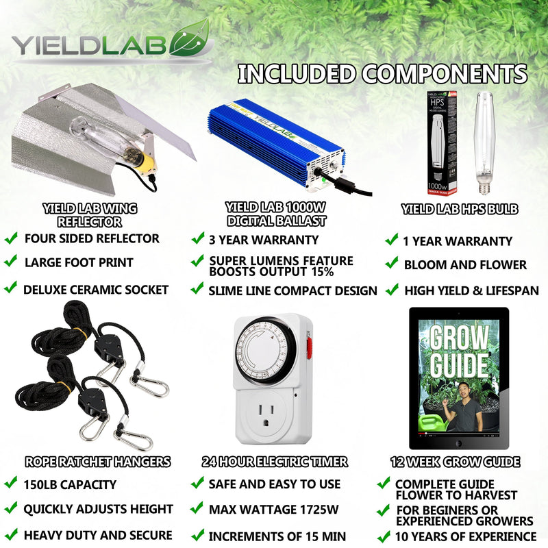 Yield Lab 1000w HPS Wing Reflector Digital Grow Light Kit included components