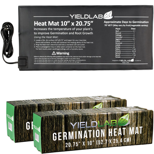 Propagation Yield Lab 20.75 x 10 inch Seed and Clone Heat Mat (2 Pack) next to box