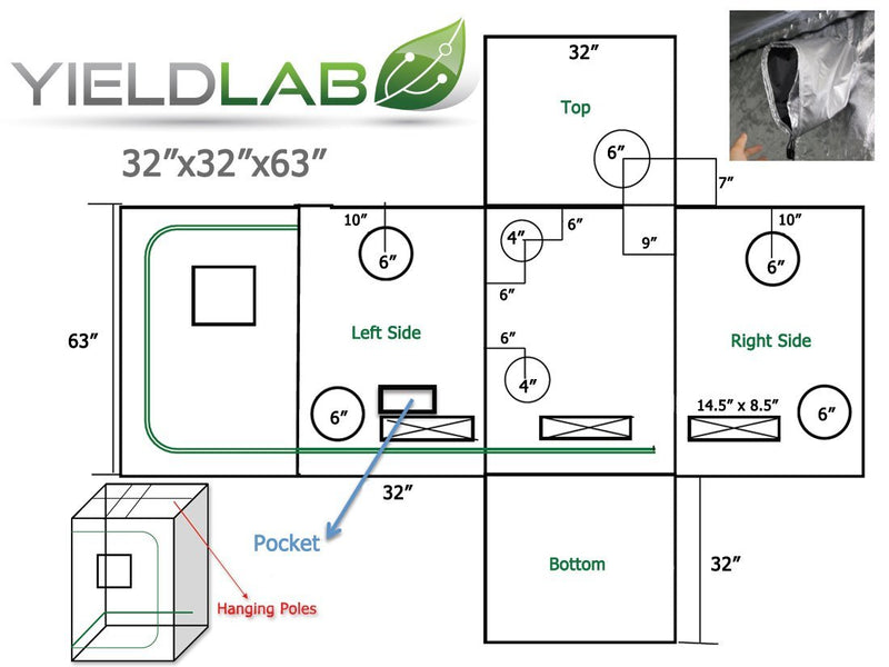 Yield Lab 32” x 32” x 63” Reflective Grow Tent diagram
