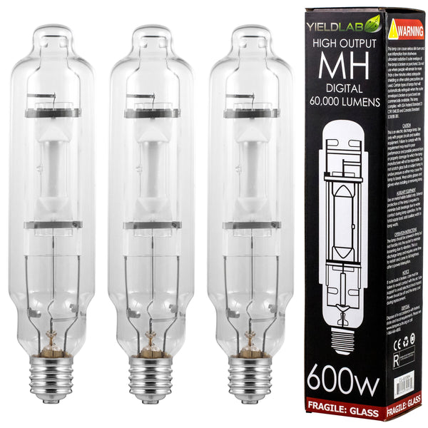 Grow Lights Yield Lab MH 600w Lamp HID Bulb (3 Pack) next to box 