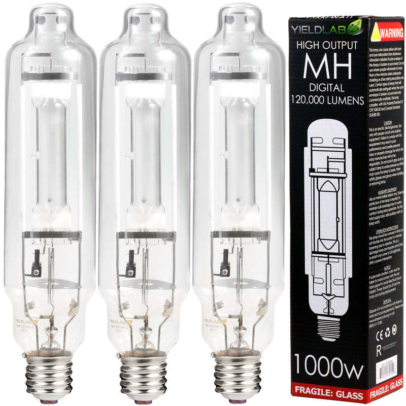Grow Lights Yield Lab MH 1000w Lamp HID Bulb (3 Pack) next to box