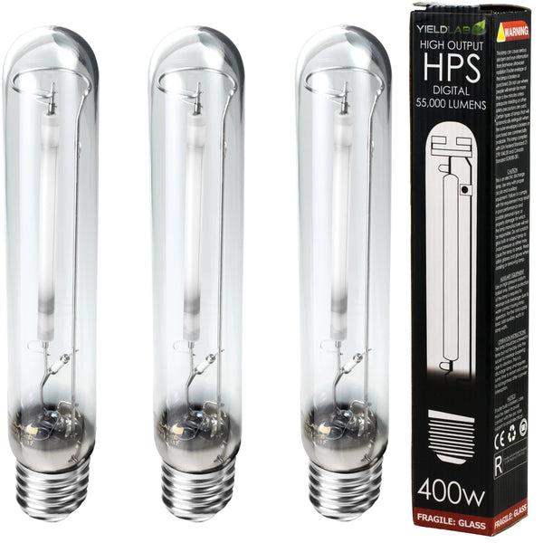 Grow Lights Yield Lab HPS 400w Lamp HID Bulb (3 Pack) next to box
