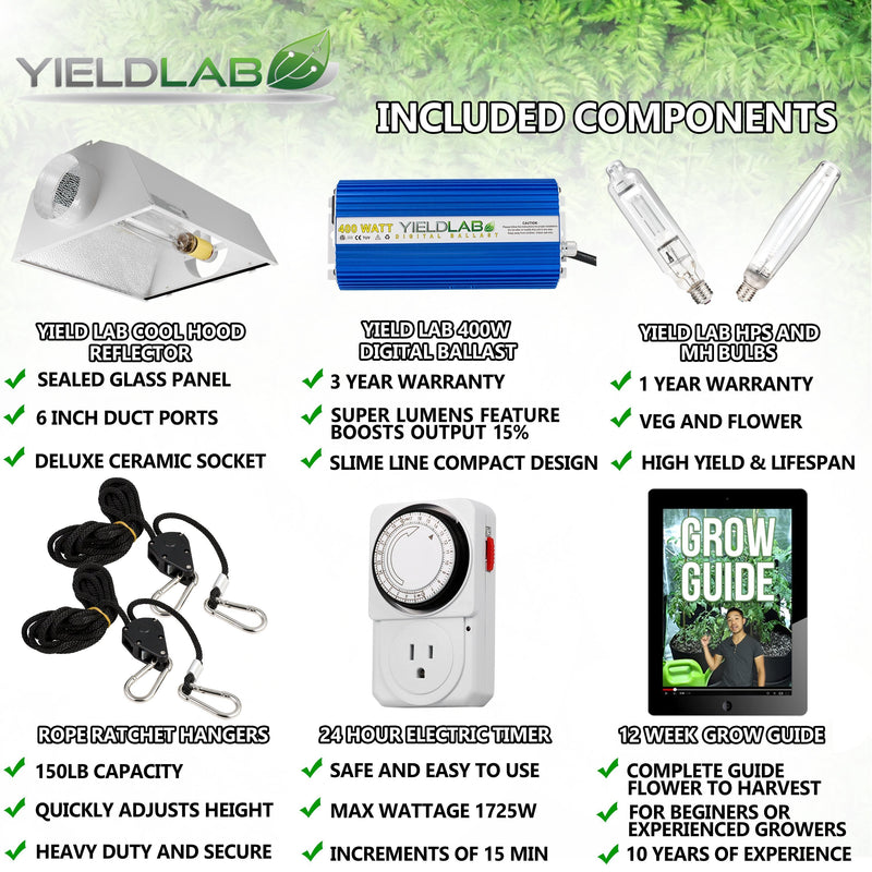 Yield Lab 400W HPS+MH Air Cool Hood Reflector Grow Light Kit included components