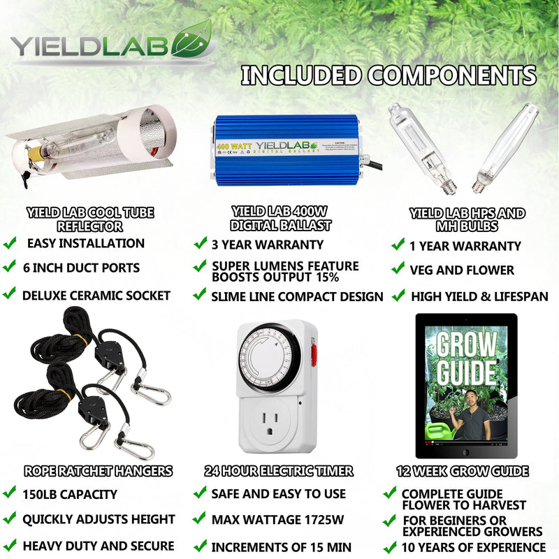 Yield Lab 400W HPS+MH Cool Tube Reflector Grow Light Kit included components