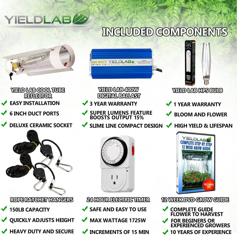 Yield Lab 400w HPS Cool Tube Reflector Digital Grow Light Kit included components