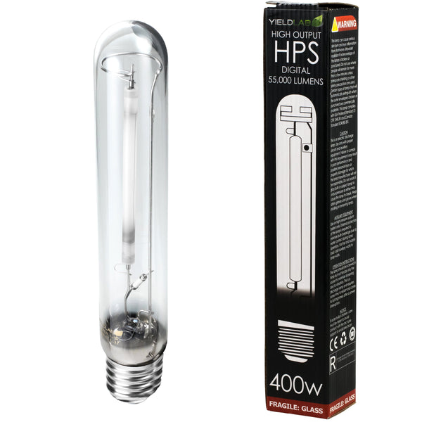 Grow Lights Yield Lab HPS 400w Lamp HID Bulb next to box