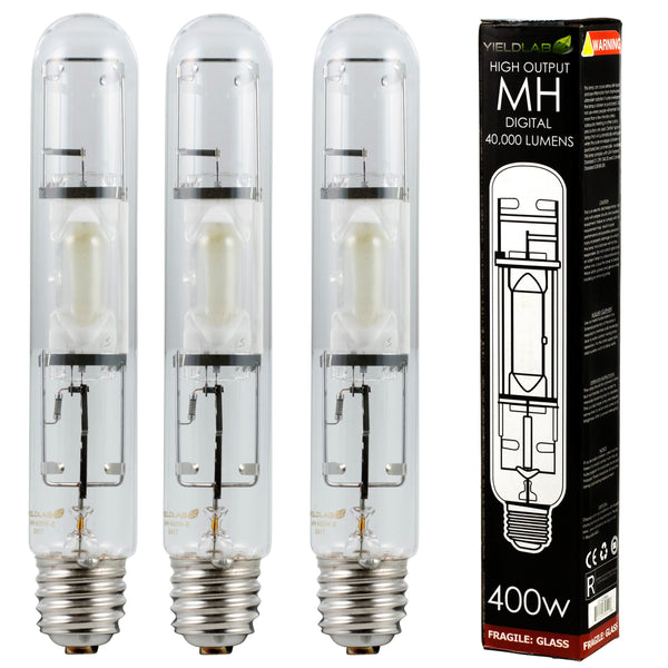 Grow Lights Yield Lab MH 400w Lamp HID Bulb (3 Pack) next to box 
