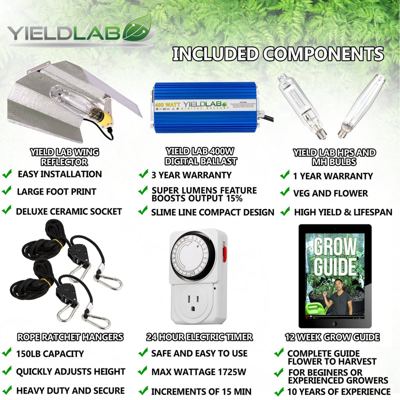 Yield Lab 400W HPS+MH Wing Reflector Grow Light Kit included components