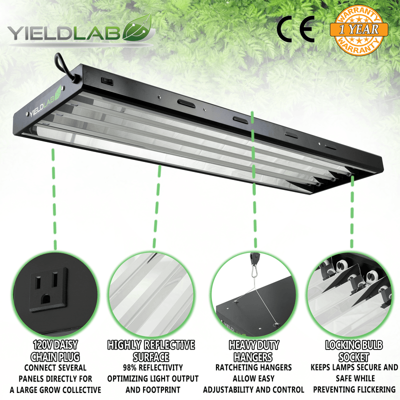 Yield Lab Complete 54w T5 Four Bulb Fluorescent Grow Light Panel (6400K) features